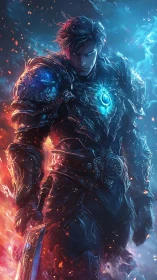 Bifurcated fire and ice knight in glowing arcane armor