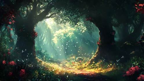 Enchanted Forest Grotto with Luminescent Canopy and Radiant Undergrowth