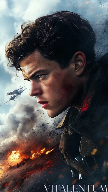 Young soldier&rsquo;s determined profile rises through war-torn sky