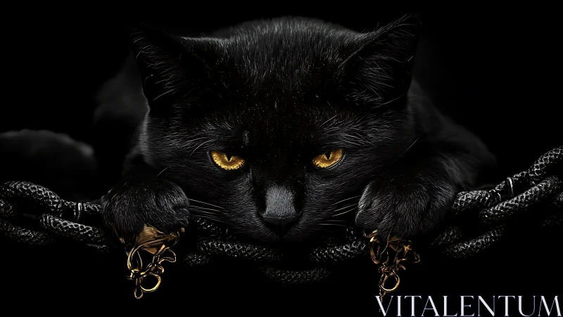 Black Feline with Golden Eyes and Ornamental Chain Embellishment