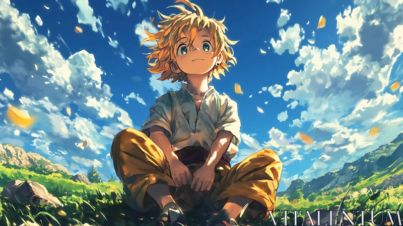 Boy sits on grassland under bright blue sky with clouds