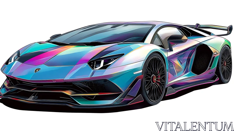 Vector rendering shows low-angle view of iridescent sports car