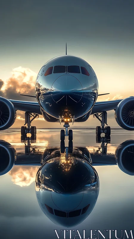 Front view of modern jet airliner over wet reflective tarmac.