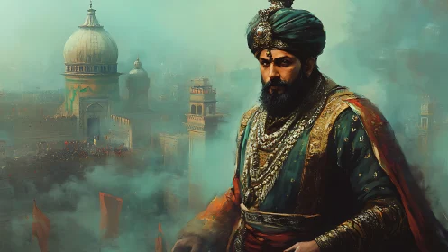Regal figure in ornate attire overlooks dense domed cityscape