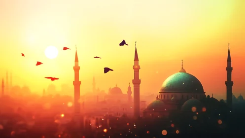 Sunlit mosque skyline with soaring birds at golden dusk.
