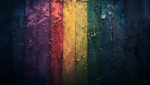 Weathered rainbow panels glow with textured midnight hues.