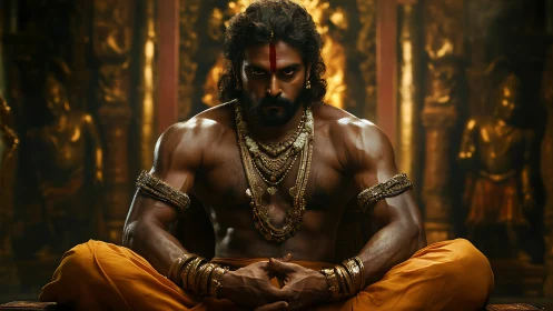 Seated warrior figure poses in ornate temple interior setting