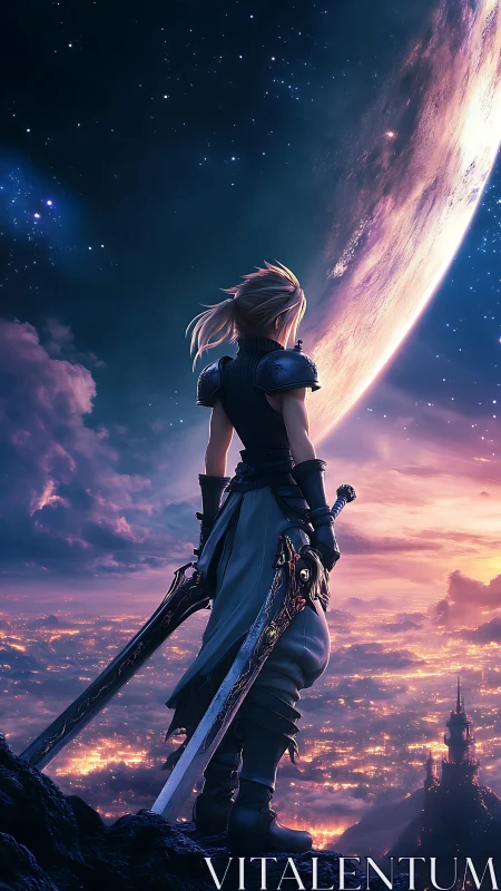 Armored swordsman overlooking illuminated city and planet.