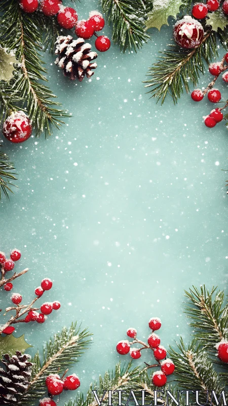 Festive winter border with holly, berries and frosted fir branches.