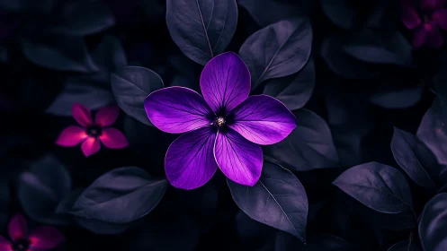 Radiant purple flowers glowing against dark moody foliage.