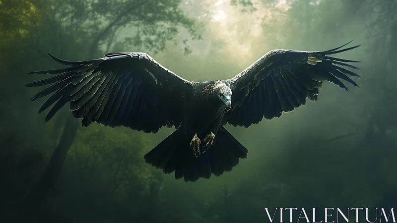Majestic Eagle in Flight Over Misty Forest, Dramatic Lighting.