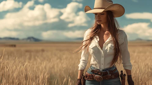 Sunlit cowgirl pauses thoughtfully in a wide open prairie field