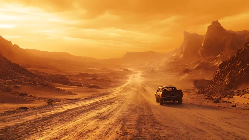 Sunlit desert road invites a lone car toward distant cliffs