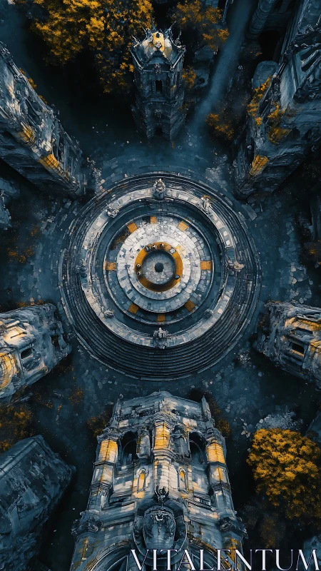 Ruined circular cathedral plaza in cool teal and gold tones.