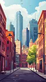 Sunlit urban street opens toward soaring city towers.