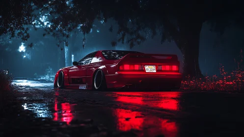 Lowered red sports car on wet forest road at night.