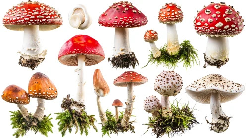 Spotted forest umbrellas pose like tiny models in studio light