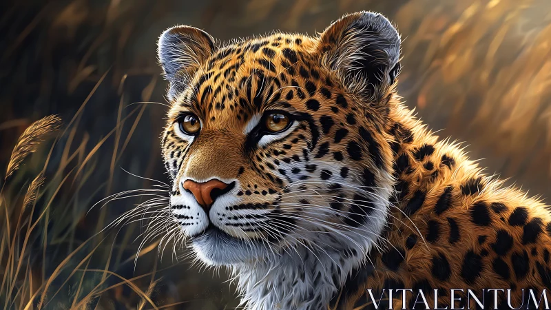 Leopard Portrait with Golden Hour Ambiance and Savanna Setting.