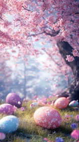 Easter eggs scattered under blooming cherry blossoms.