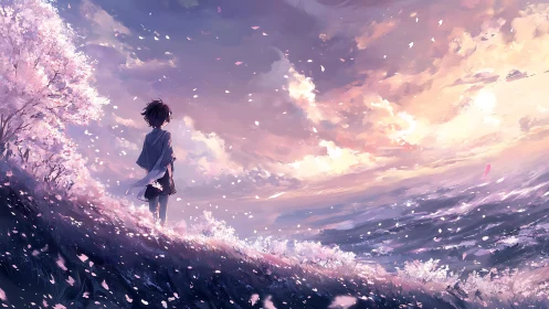 Solitary youth beneath drifting petals at sunset horizon.