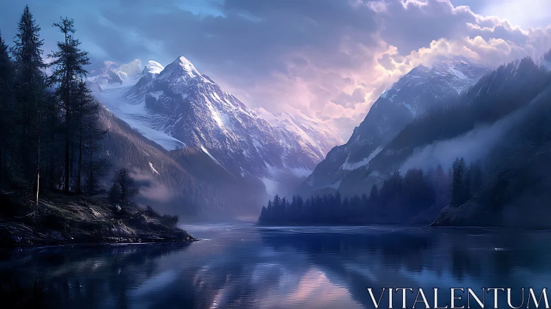 Glacial alpine basin with volumetric fog over mirrored lake.