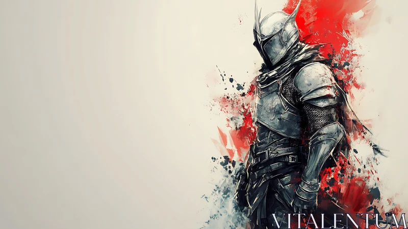 Steel-clad knight amid crimson ink-splash abstraction.