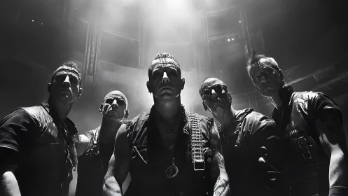 Monochrome portrait of industrial rock band onstage.