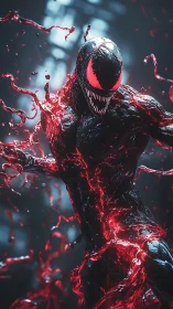 Symbiotic crimson creature with dynamic liquid tendrils.