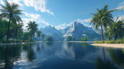 Alpine Lake Landscape with Mountainous Terrain and Tropical Vegetation.