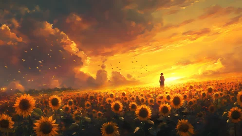 Backlit sunflower field with solitary figure under volumetric sunset