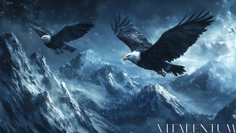 Majestic Bald Eagles Soaring Over Snowy Mountain Peaks in Winter.