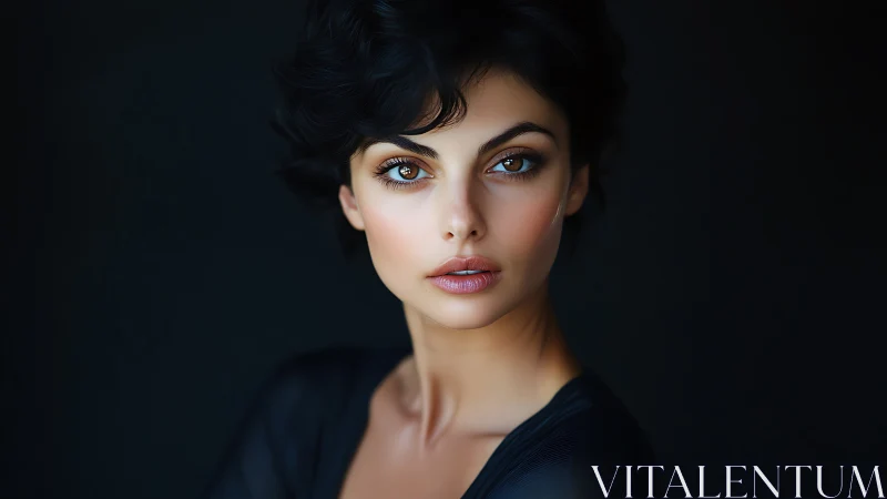 Studio portrait of woman with short dark hair on black background.