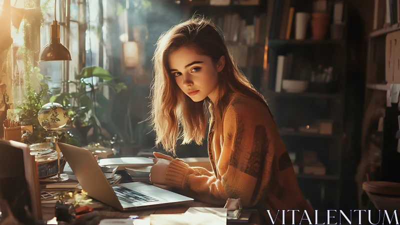 Young woman at laptop in warm studio with ambient daylight