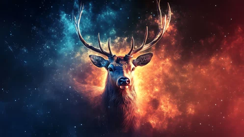 Majestic cosmic stag emerges between fiery and icy nebulae