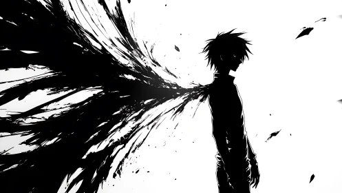 Silhouetted figure expels abstract ink wings in stark contrast