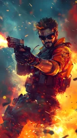 Armed soldier in fiery battlefield digital action scene.