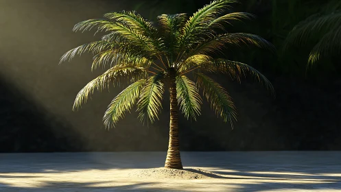 Solitary palm tree rendered on sand under directional light.