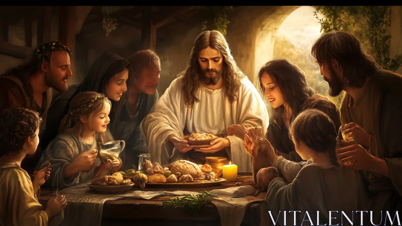 Central robed figure breaks bread at warm candlelit table