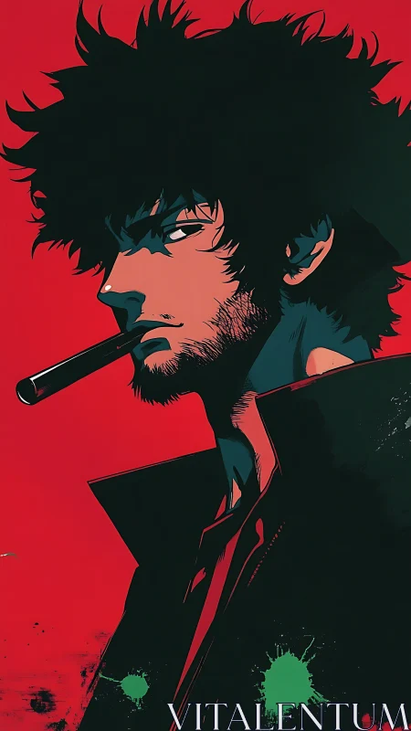 Brooding anime smoker in high-contrast red noir portrait.
