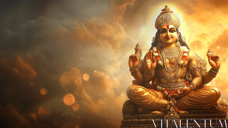 Golden divine figure sits peacefully amid glowing clouds