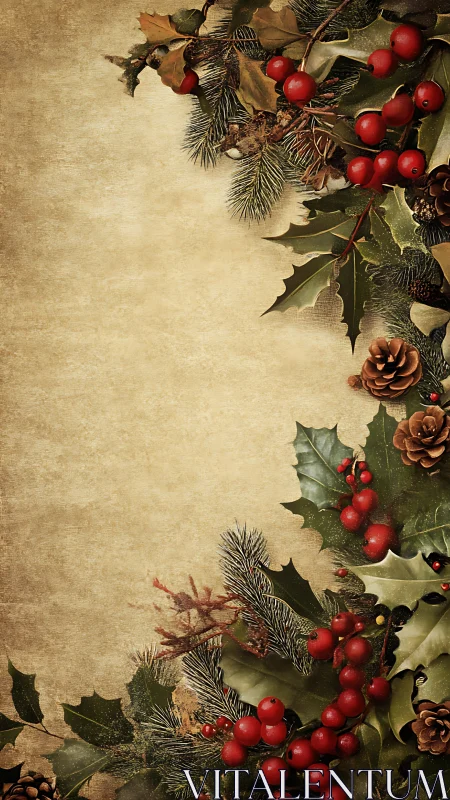 Vintage botanical Christmas border with holly and berries layout.