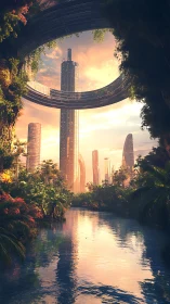 Futuristic jungle city rises beyond reflective tropical river