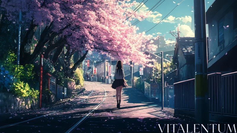Girl walks under glowing cherry blossoms on quiet city street