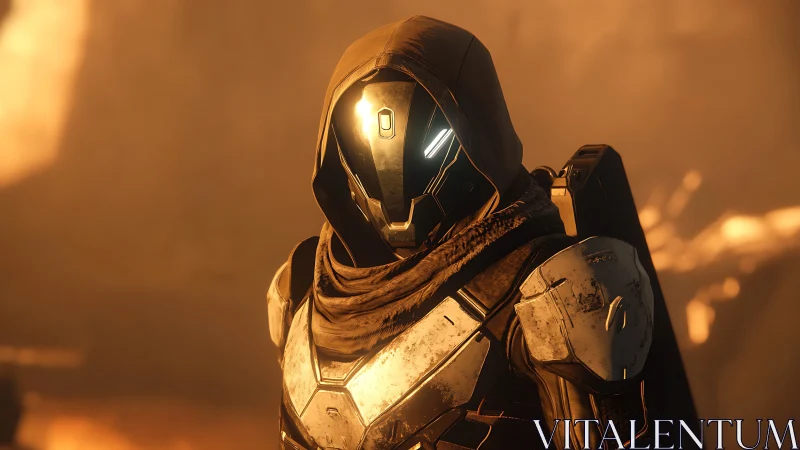 Armored sci fi guardian stands in molten amber battlefield light