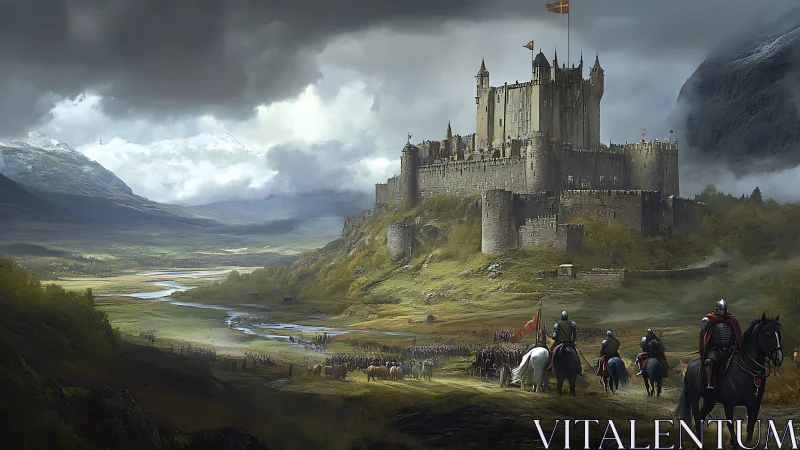 Medieval fortress dominates storm-lit valley before battle