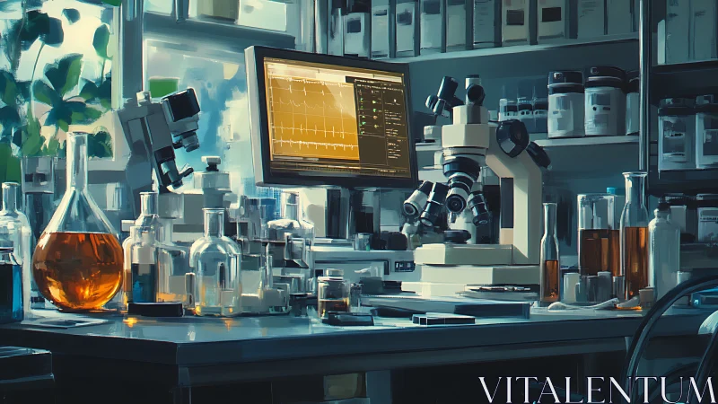 Sunlit biotech workstation hums with glass, code, and culture.