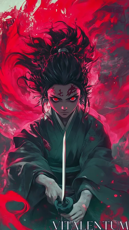 Demonic-eyed samurai channels crimson energy around blade