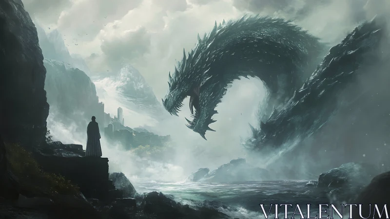 Cloaked figure confronts massive sea dragon on misty shore.