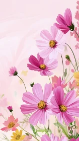 Pink Cosmos Flowers Blooming Against Soft Pastel Background.