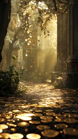 Golden coin path winds through sunlit overgrown ruins.
